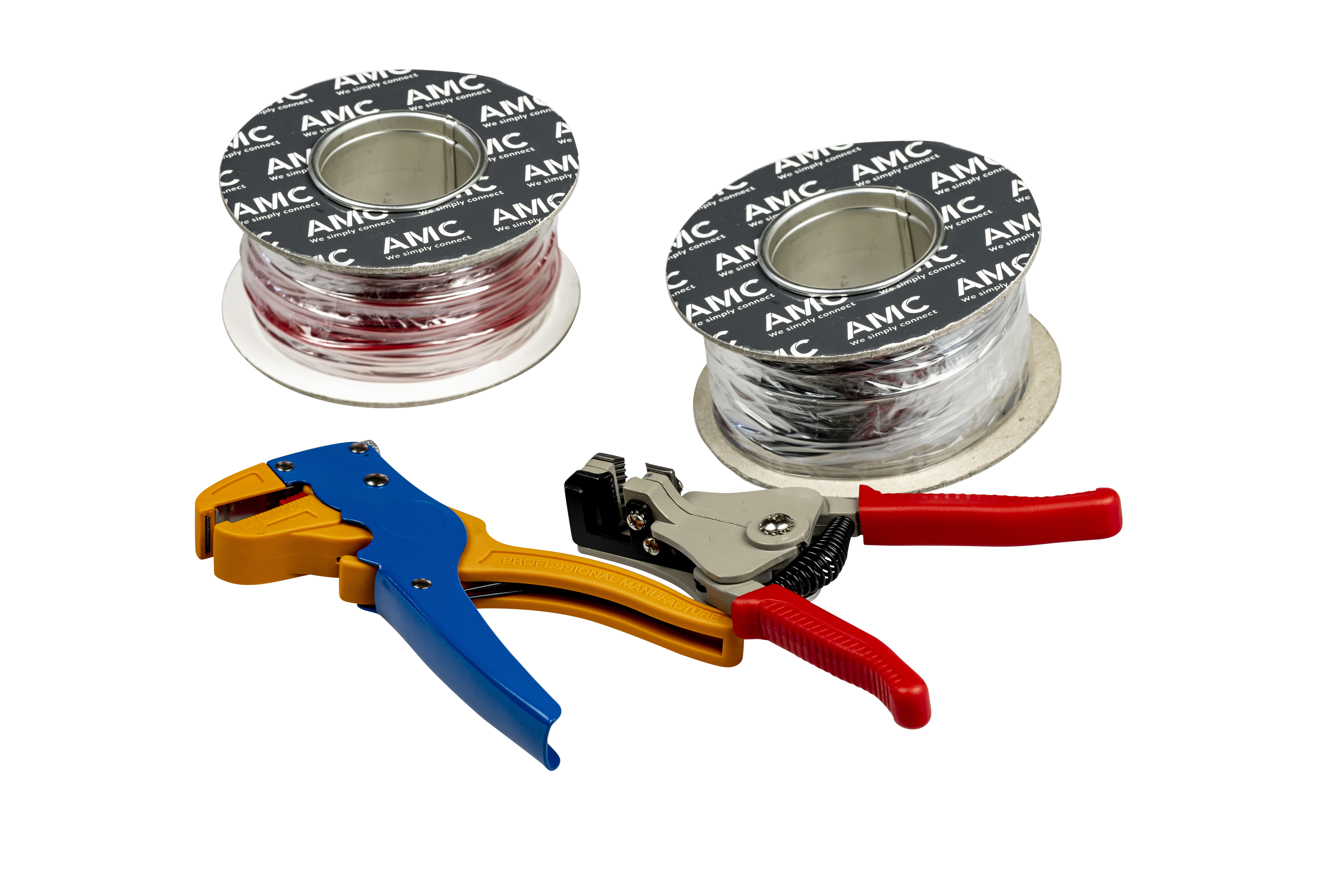 BUNDELACTIE 1,50qmm ZWART/ROOD 50MTR + 2X STRIPTANG (4-DELIG)